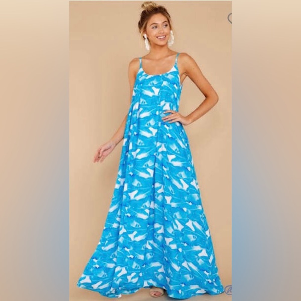 NWT- Palms Away Blue Palm Print Maxi Dress. Sz M